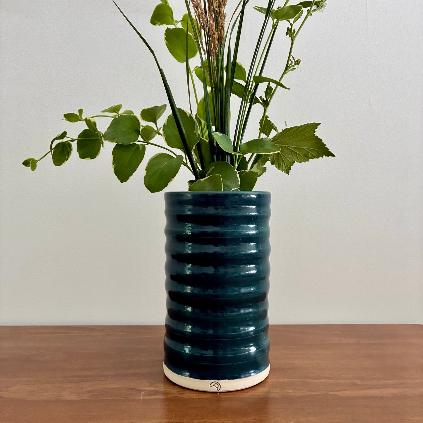 Green Ribbed Stem Vase